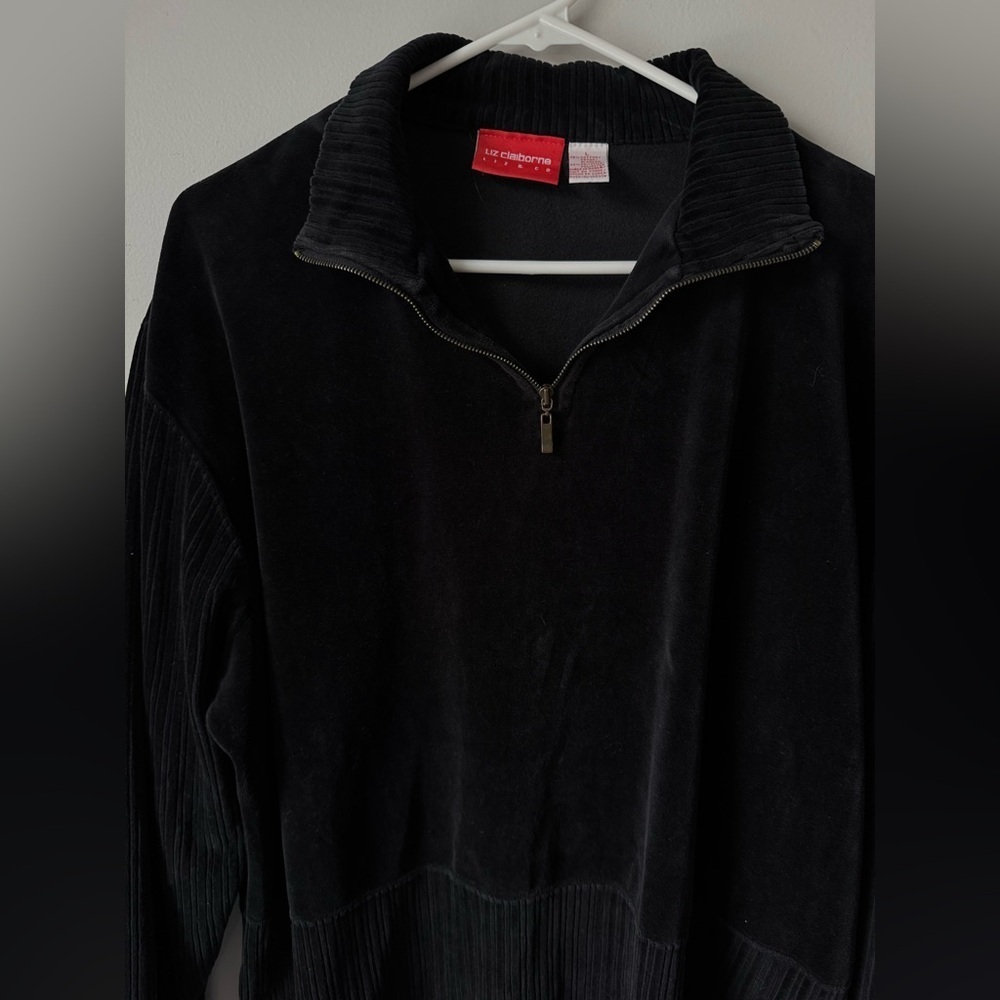 VTG Liz Claiborne Black Zip-Up Sweater Suede Cotton Pattern Pullover Soft Size L - Picture 6 of 9